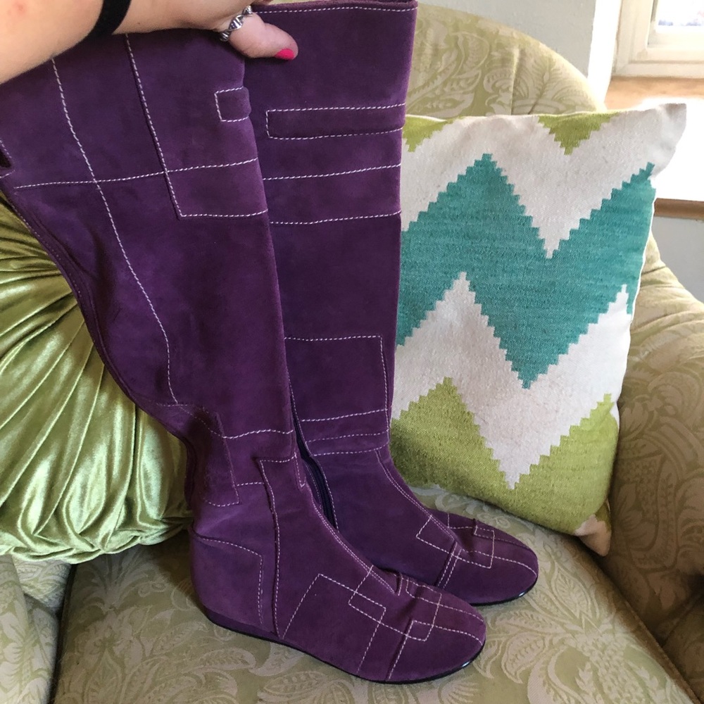 Purple Suede Geometric Knee High Boots, size: 6.5